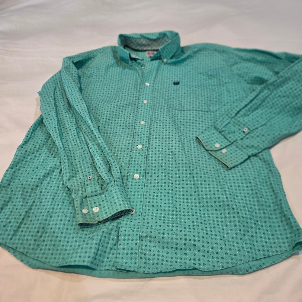Cinch Button Down Shirt Mens M Turquoise Excellent Floral Geometric Cotton Long
